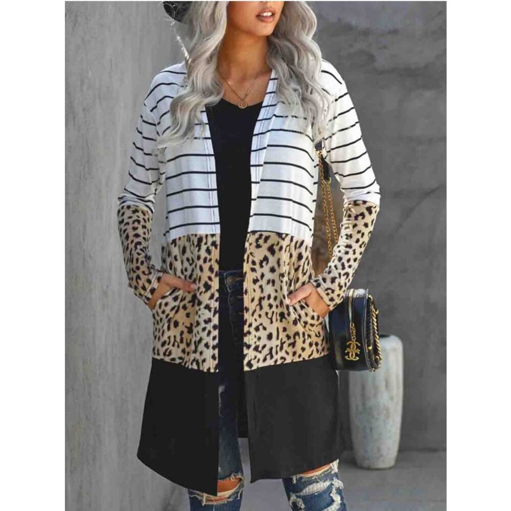 Wild Feathers Striped Animal Print Long Sleeve Lightweight Open Blouse Size XL